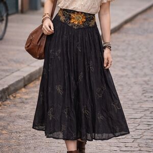 Black Bohemian Midi Skirt Gold Beaded Embellished Waistband Medium